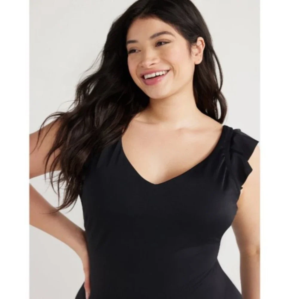 NWT Time and Tru Black Ruffle One Piece Fashion swimsuit bathing suit new pool
